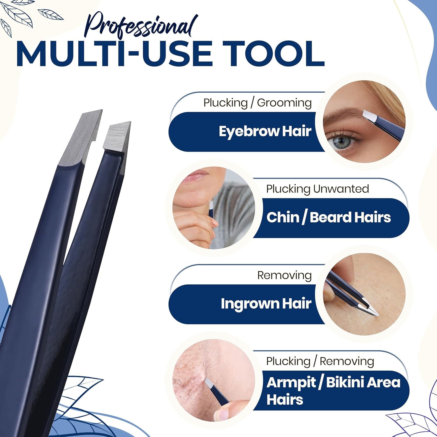 Professional Slant Tip Eyebrow Tweezers for Women & Men – Precision Hair Removal Tool – Stainless Steel Tweezers for Eyebrow Shaping, Facial Hair, Ingrown Hair & Splinter Removal