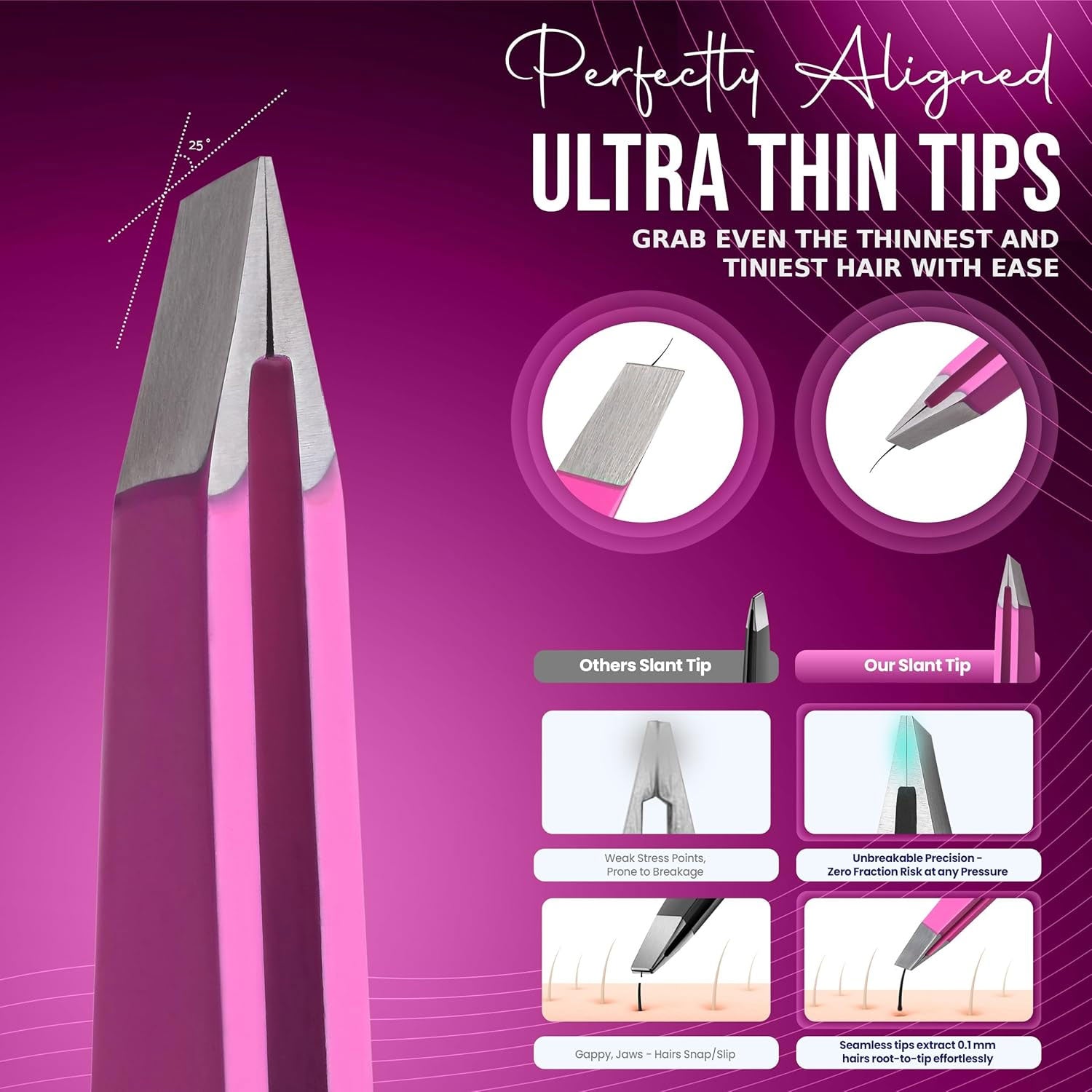 Slanted Stainless Steel Tweezers for Men & Women - Precision Eyebrow Tweezers for Facial Hairs, Strong Grip, Fine Tip, Professional Tweezer for Plucking & Grooming (Pink)
