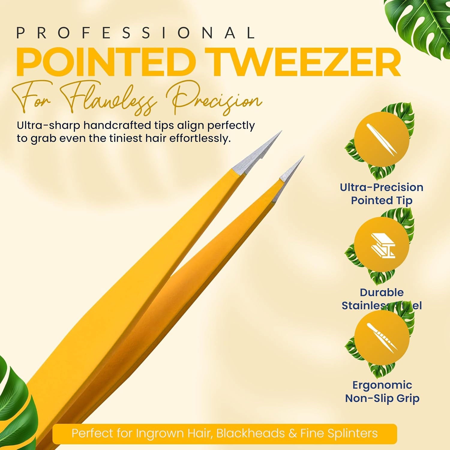 Pointer Stainless Steel Tweezers Women & Men Precision Eyebrow Tweezers for Facial Hair, Fine Tip Strong Grip Professional Tweezer for Shaping, Ingrown Hair & Splinter Removal (Chalked Lemon)