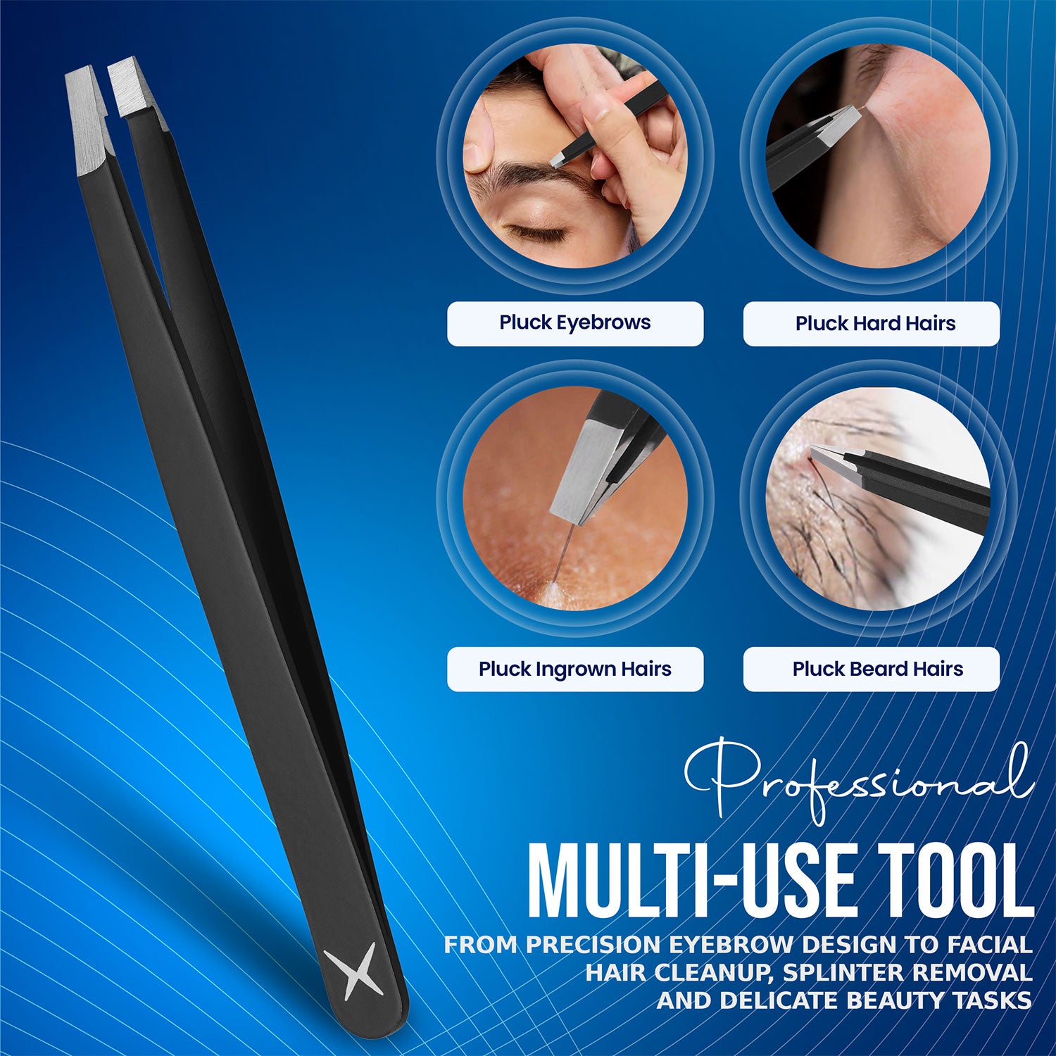 Professional Straight Stainless Steel Tweezers for Men & Women - Precision Eyebrow Facial Hair Removal with Strong Grip & Fine Point Tip (Black)