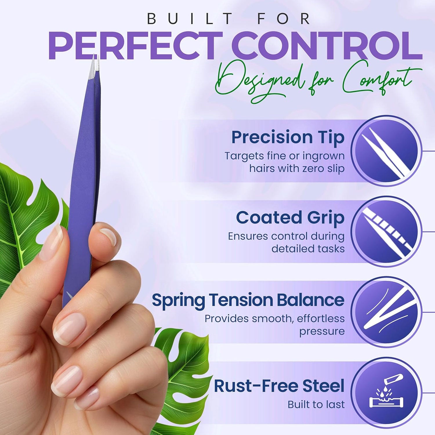 Pointer Stainless Steel Tweezers Women & Men Precision Eyebrow Tweezers for Facial Hair, Fine Tip Strong Grip Professional Tweezer for Eyebrow Shaping, Ingrown Hair & Splinter Removal (Purple)