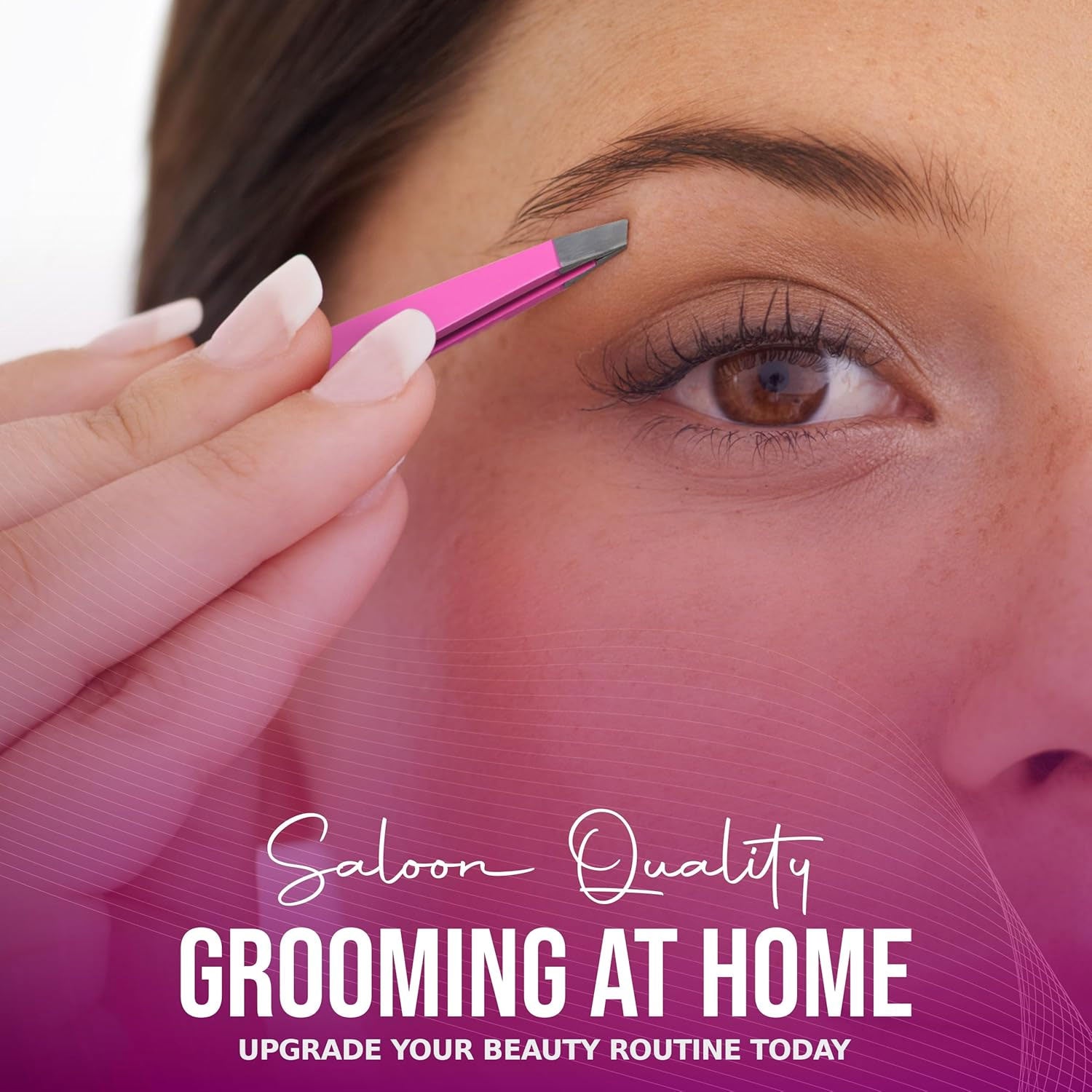 Slanted Stainless Steel Tweezers for Men & Women - Precision Eyebrow Tweezers for Facial Hairs, Strong Grip, Fine Tip, Professional Tweezer for Plucking & Grooming (Pink)