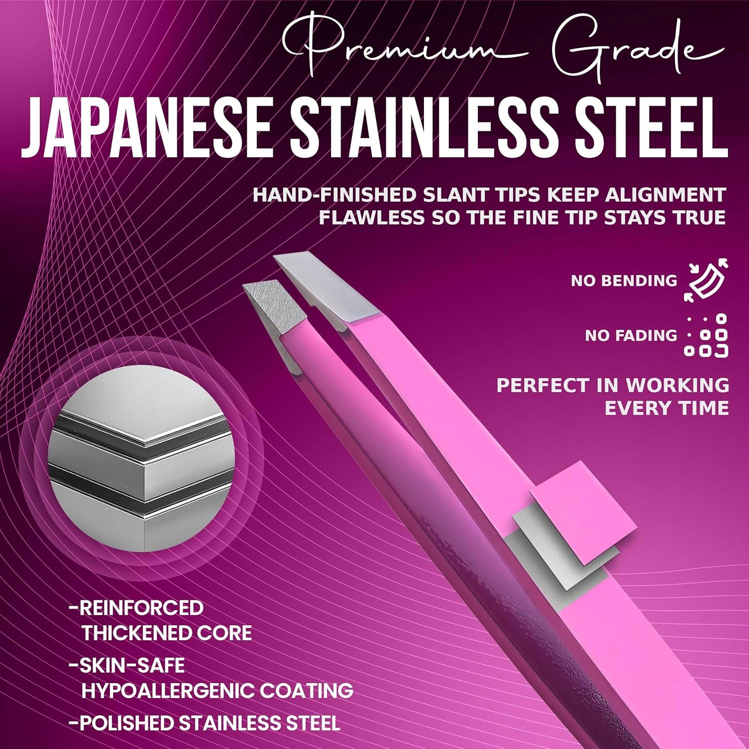 Slanted Stainless Steel Tweezers for Men & Women - Precision Eyebrow Tweezers for Facial Hairs, Strong Grip, Fine Tip, Professional Tweezer for Plucking & Grooming (Pink)