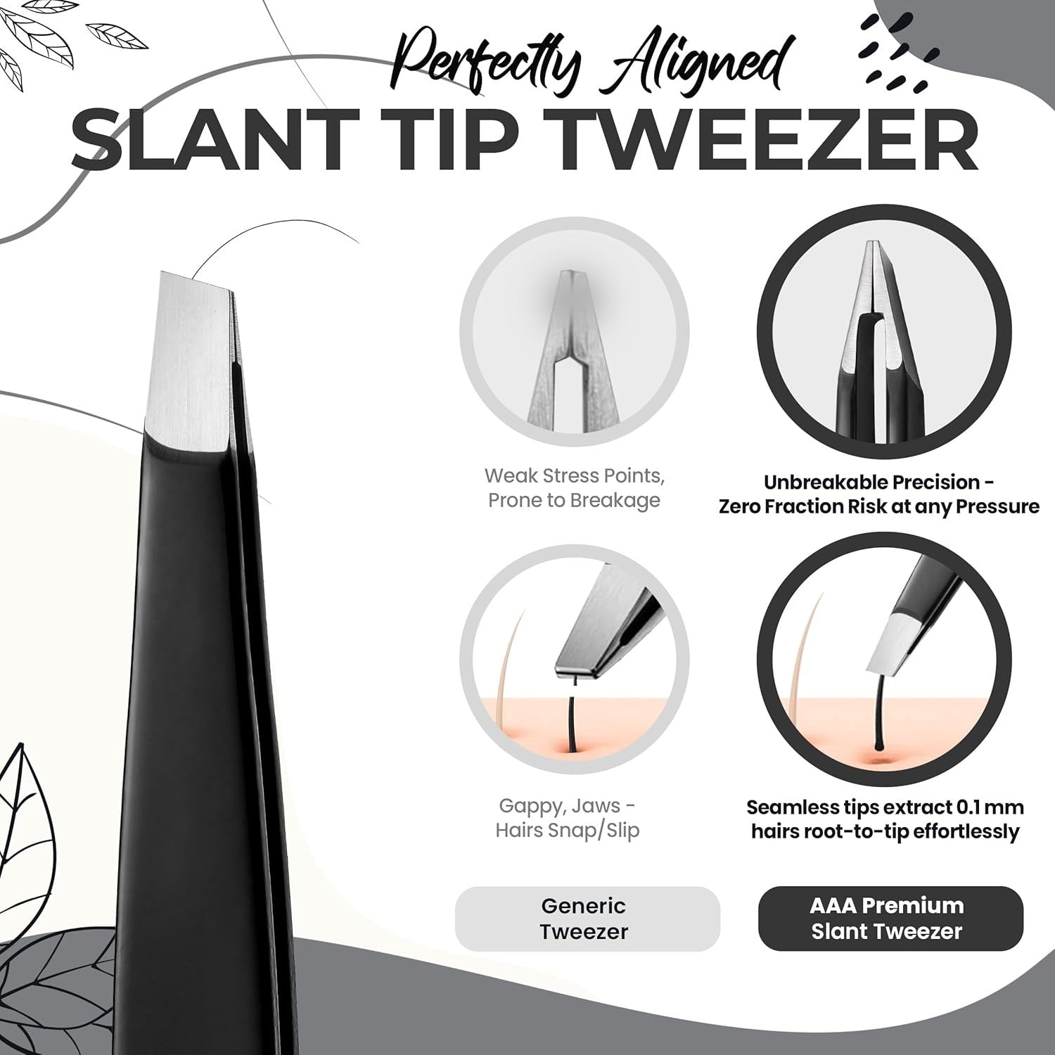 Professional Slant Tip Eyebrow Tweezers for Women & Men – Precision Hair Removal Tool – Stainless Steel Tweezers for Eyebrow Shaping, Facial Hair, Ingrown Hair & Splinter Removal