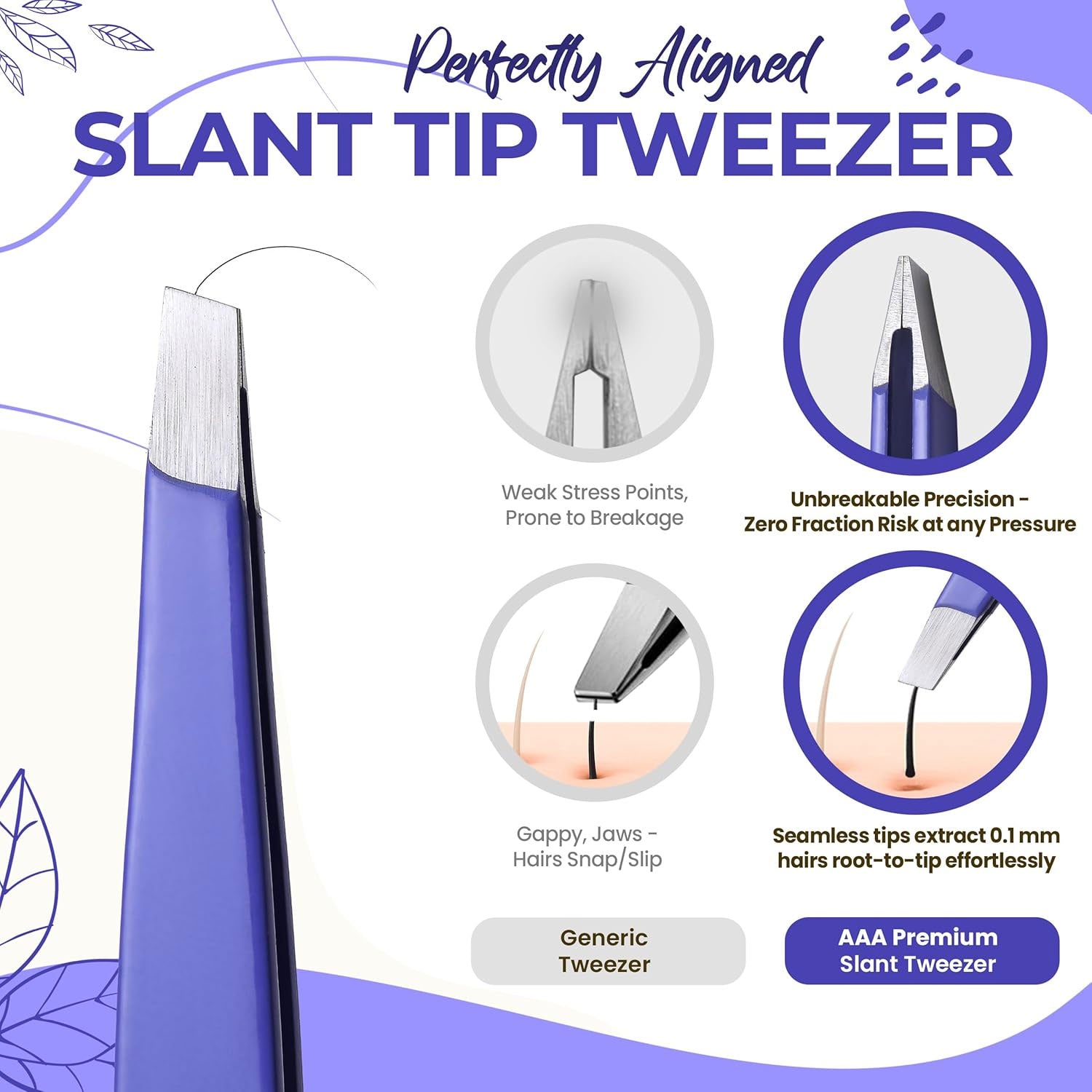 Professional Slant Tip Eyebrow Tweezers for Women & Men – Precision Hair Removal Tool – Stainless Steel Tweezers for Eyebrow Shaping, Facial Hair, Ingrown Hair & Splinter Removal