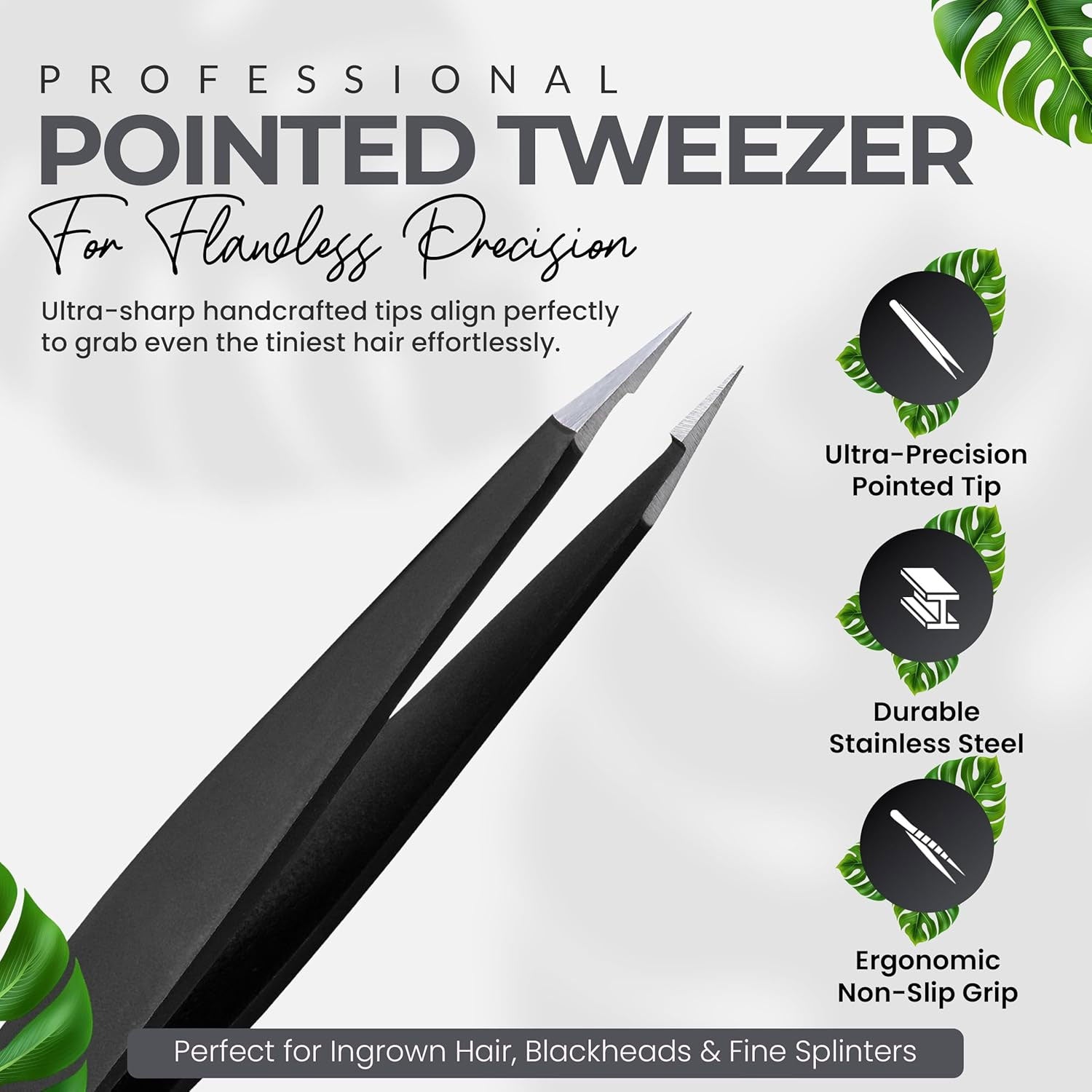 Pointer Stainless Steel Tweezers Women & Men Precision Eyebrow Tweezers for Facial Hair, Fine Tip Strong Grip Professional Tweezer for Eyebrow Shaping, Ingrown Hair & Splinter Removal (Matt Black)