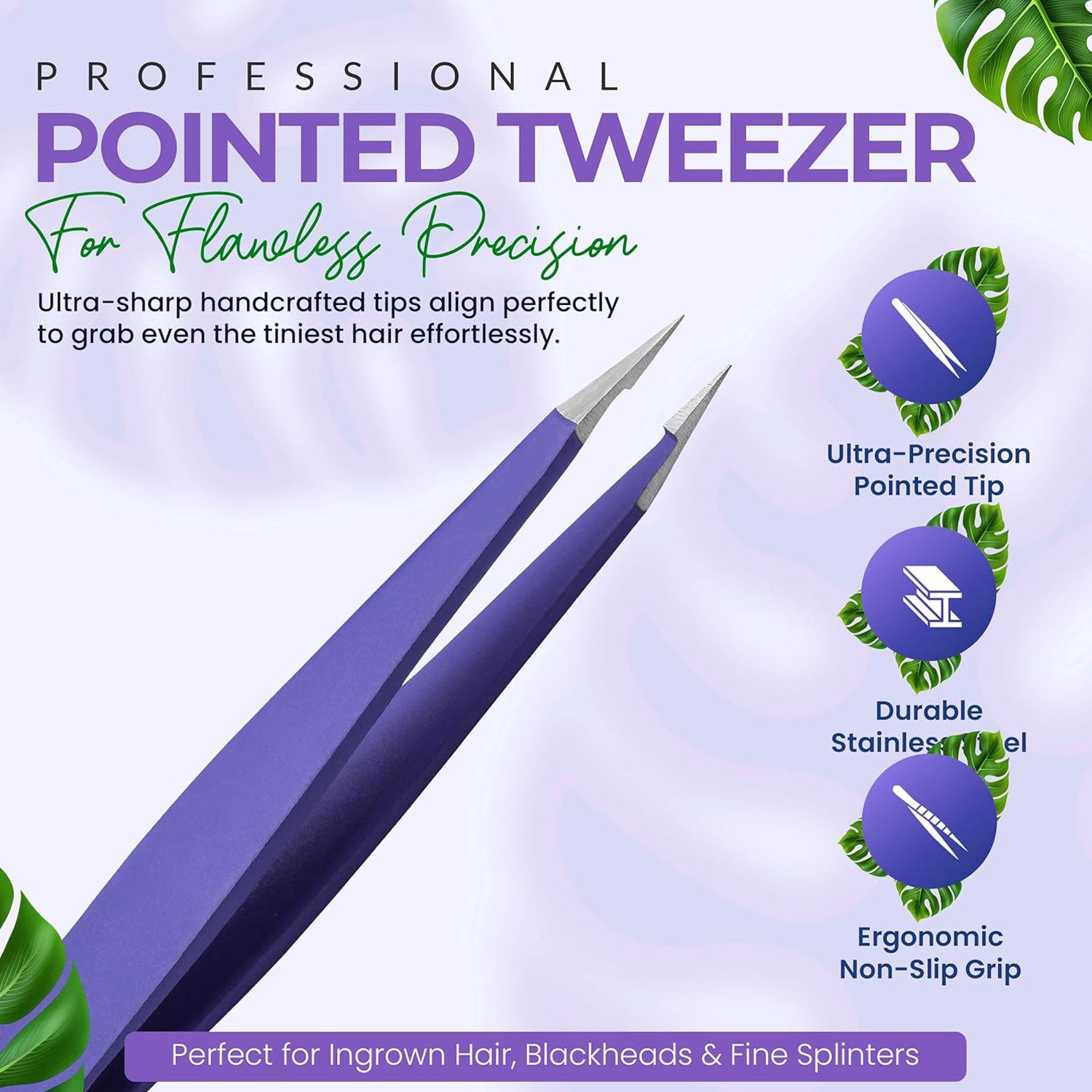 Pointer Stainless Steel Tweezers Women & Men Precision Eyebrow Tweezers for Facial Hair, Fine Tip Strong Grip Professional Tweezer for Eyebrow Shaping, Ingrown Hair & Splinter Removal (Purple)