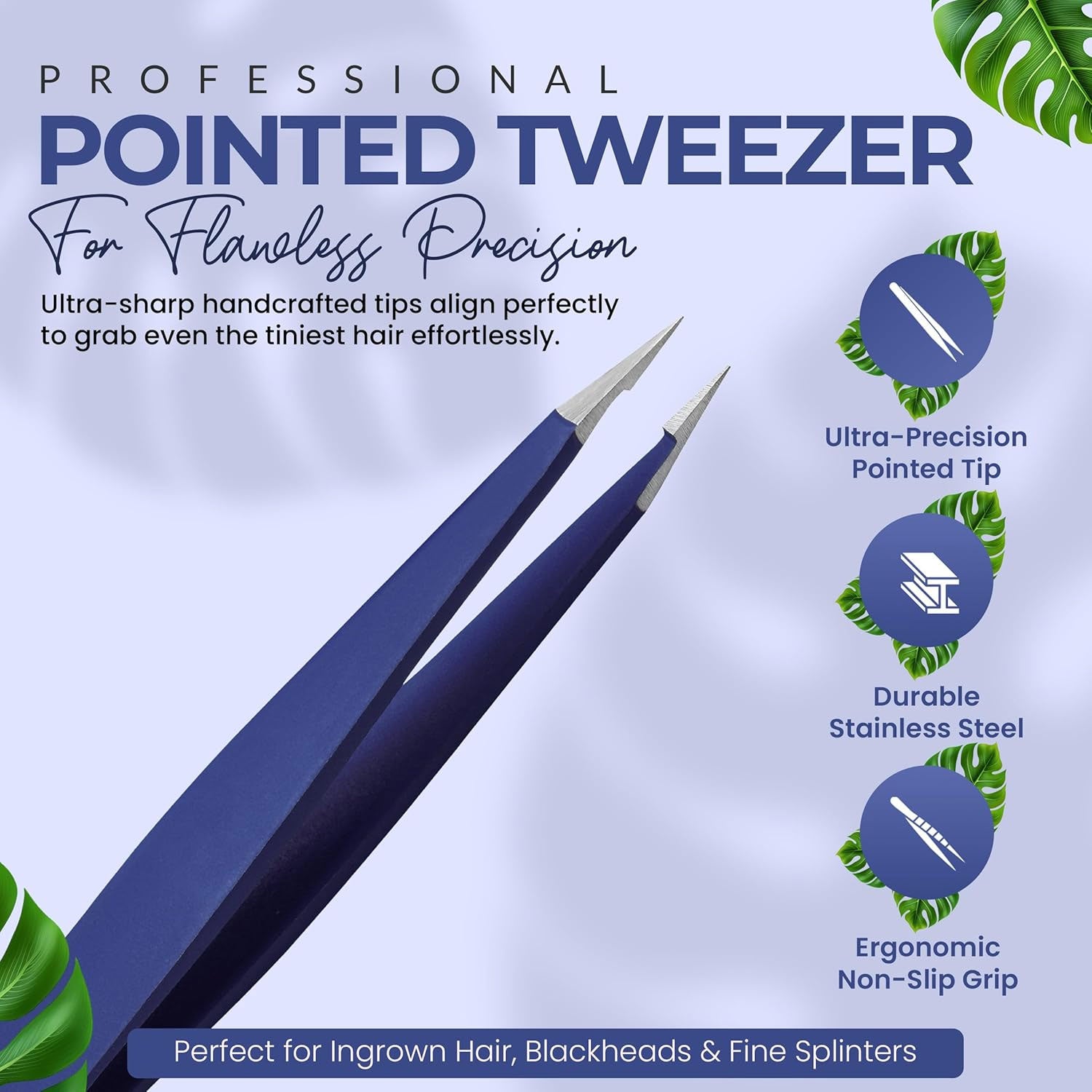 Pointer Stainless Steel Tweezers Women & Men Precision Eyebrow Tweezers for Facial Hair, Fine Tip Strong Grip Professional Tweezer for Eyebrow Shaping, Ingrown Hair & Splinter Removal (Midnight Blue)