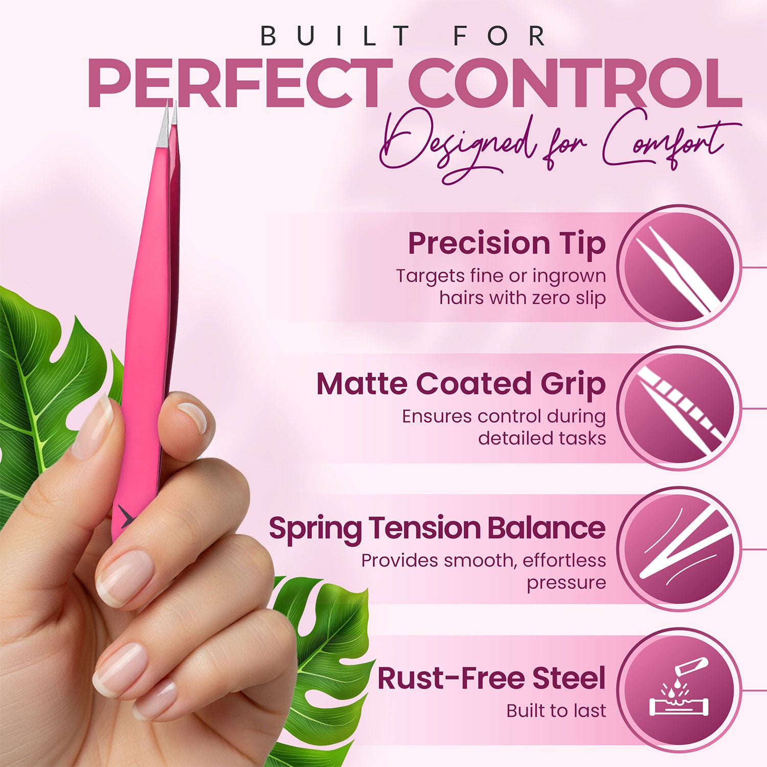 Pointer Stainless Steel Tweezers Women & Men Precision Eyebrow Tweezers for Facial Hair, Fine Tip Strong Grip Professional Tweezer for Eyebrow Shaping, Ingrown Hair & Splinter Removal (Neon Pink)