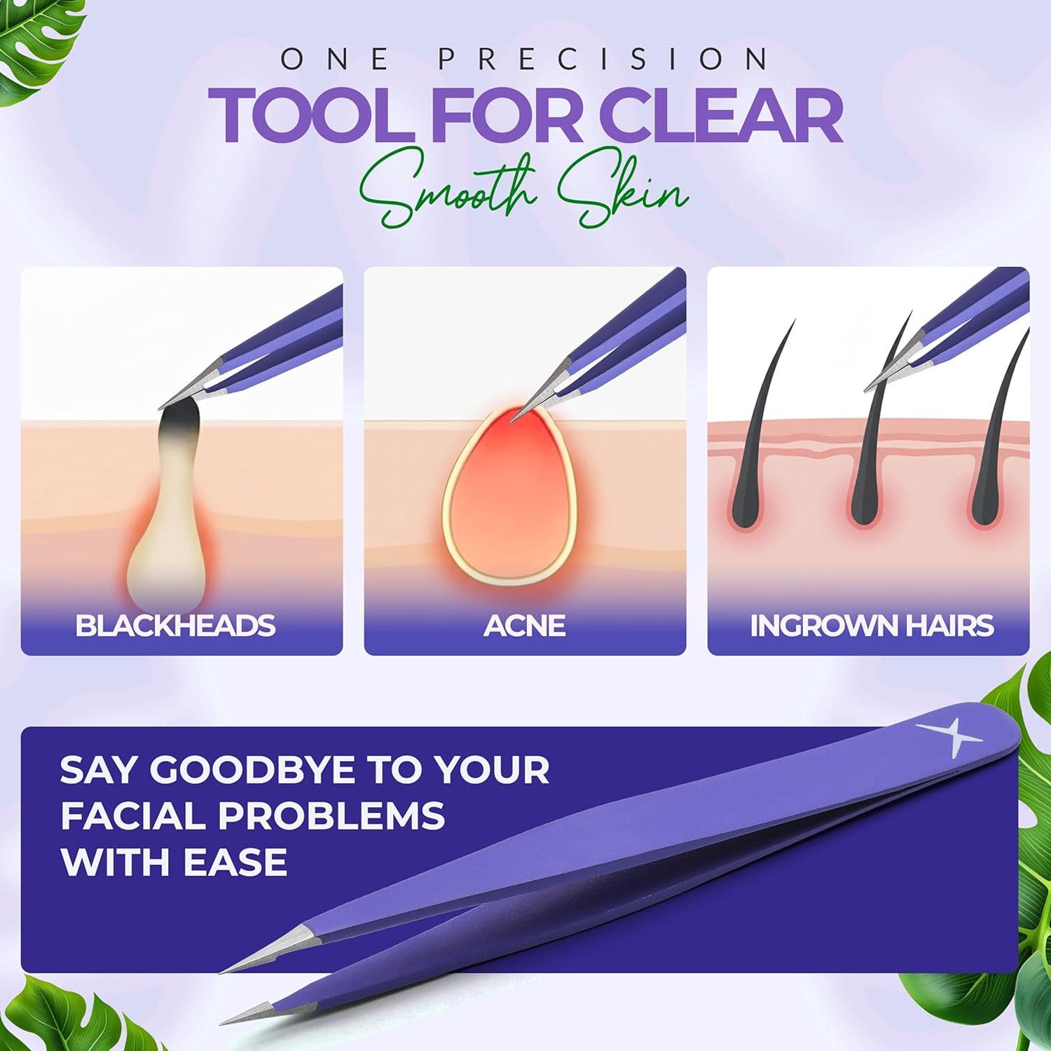 Pointer Stainless Steel Tweezers Women & Men Precision Eyebrow Tweezers for Facial Hair, Fine Tip Strong Grip Professional Tweezer for Eyebrow Shaping, Ingrown Hair & Splinter Removal (Purple)