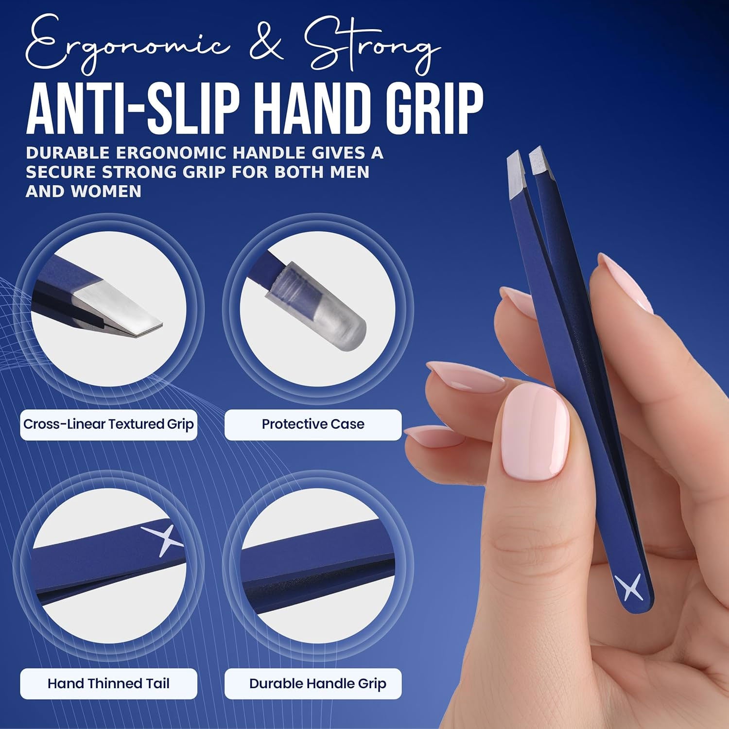 Slanted Stainless Steel Tweezers for Men & Women - Precision Eyebrow Tweezers for Facial Hairs, Strong Grip, Fine Tip, Professional Tweezer for Plucking & Grooming (Midnight Blue)