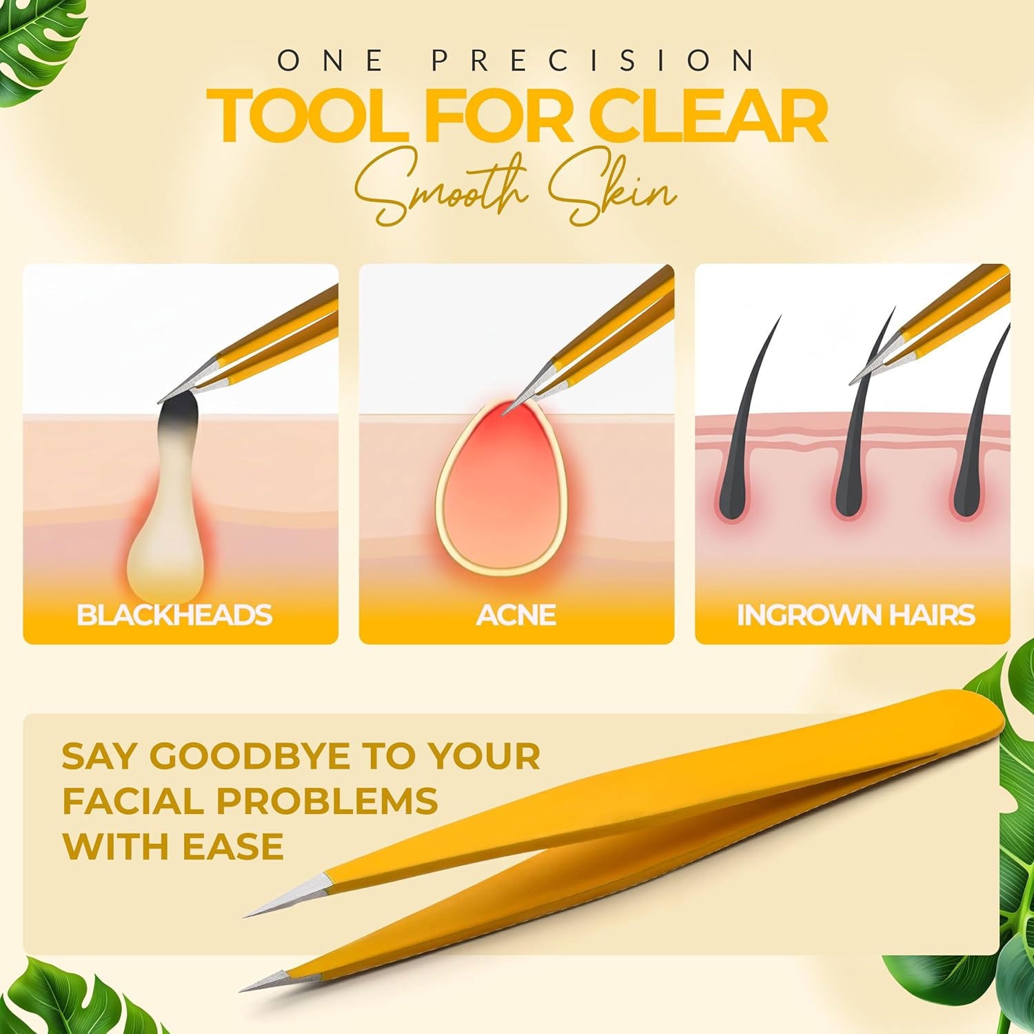 Pointer Stainless Steel Tweezers Women & Men Precision Eyebrow Tweezers for Facial Hair, Fine Tip Strong Grip Professional Tweezer for Shaping, Ingrown Hair & Splinter Removal (Chalked Lemon)