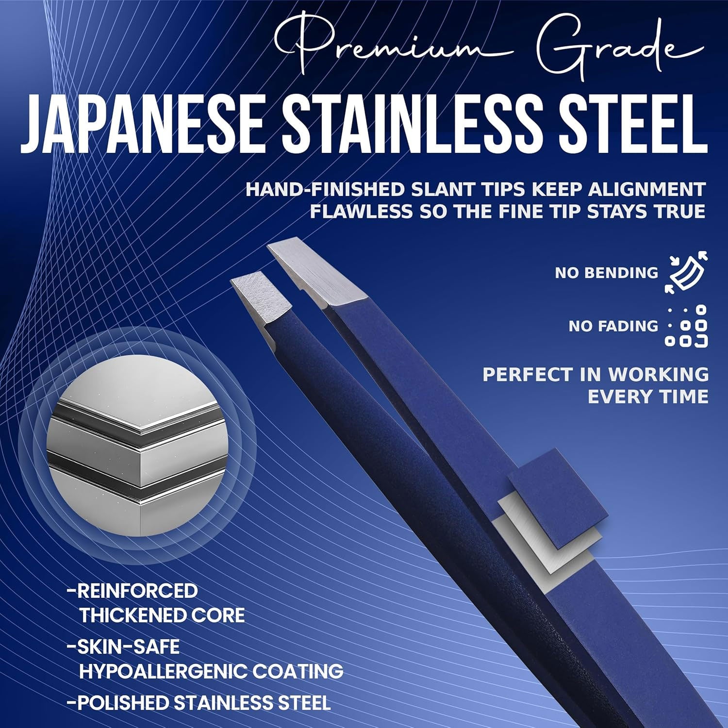 Slanted Stainless Steel Tweezers for Men & Women - Precision Eyebrow Tweezers for Facial Hairs, Strong Grip, Fine Tip, Professional Tweezer for Plucking & Grooming (Midnight Blue)